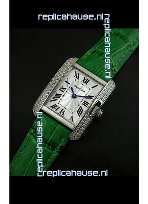 Cartier Louis Japanese Replica Ladies Diamond Watch in Green Strap