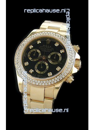 Rolex Daytona Swiss Replica Gold Watch in Full Diamond Bezel