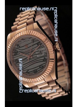 Rolex Oyster Perpetual Day Date Swiss Replica Pink Gold Watch in Waves Pattern Dial