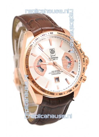 Tag Heuer Grand Carrera Japanese Replica Gold Watch in White Dial