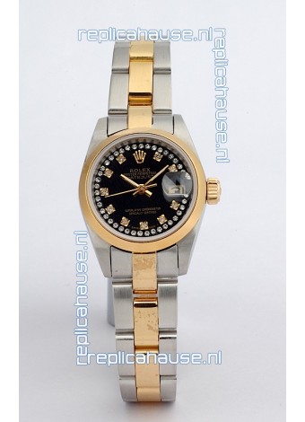 Rolex DateJust - Two Tone Ladies Swiss Replica Watch in Black Dial
