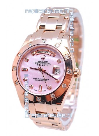 Rolex Day Date Pink Mother of Pearl Japanese Replica Watch in Diamond Markers