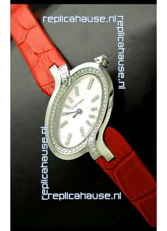 Delices De Cartier Ladies Replica Japanese Watch in Red Leather Strap