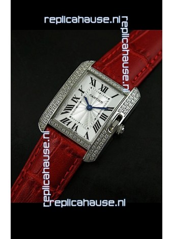 Cartier Louis Japanese Replica Ladies Diamond Watch in Red Strap