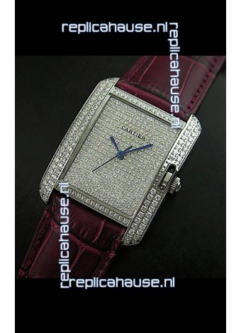 Cartier Tank Anglaise Ladies Replica Watch in Steel/Maroon Strap