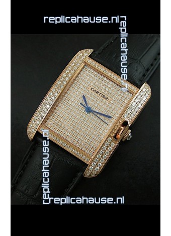 Cartier Tank Anglaise Ladies Replica Watch in Gold Case/Black Strap