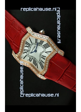 Cartier Tank Folle Ladies Replica Watch in Yellow Gold Case/Red Strap