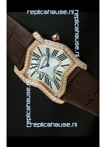 Cartier Tank Folle Ladies Replica Watch in Yellow Gold Case/Brown Strap