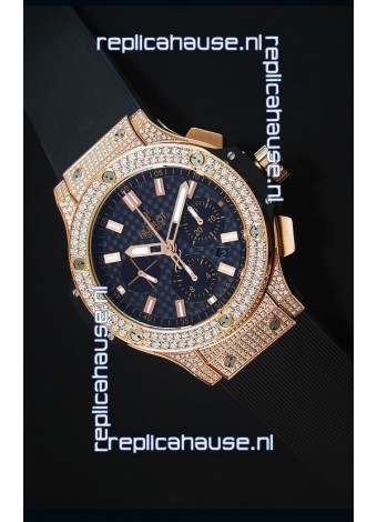 Hublot Big Bang Carbon Dial Diamonds Studded Rose Gold Swiss Watch 
