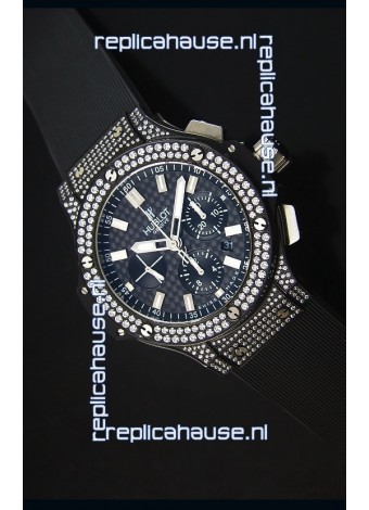 Hublot Big Bang Carbon Dial Diamonds Studded PVD Case Swiss Watch 