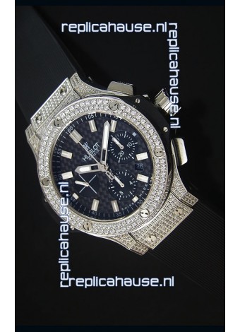 Hublot Big Bang Carbon Dial Diamonds Studded Stainless Steel Swiss Watch 