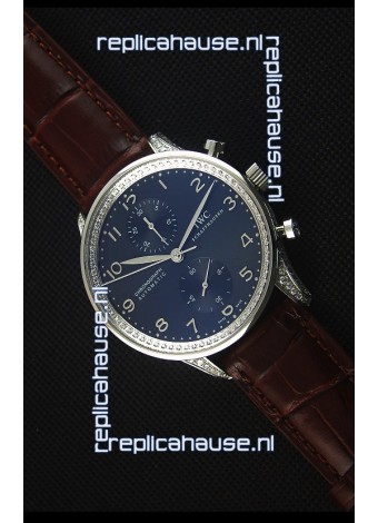 IWC Portuguese Chronograph Black Dial Brown Strap with Diamonds 1:1 Mirror Replica Watch