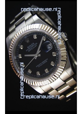Rolex Datejust II 41MM with Cal.3136 Movement Swiss Replica Watch in Black Dial Diamonds Markers