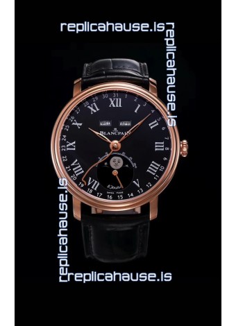 Blancpain "Villeret Quantième Complet" 904L Steel Rose Gold Watch in Black Dial