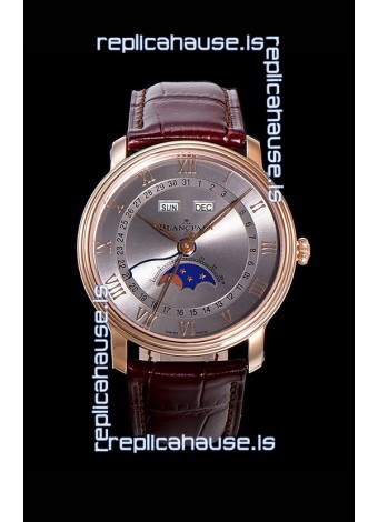 Blancpain "Villeret Quantième Complet" 904L Steel Rose Gold Watch in Grey Dial