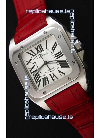 Cartier Santos De Cartier 1:1 Mirror Replica Red Strap 33MM Ladies Watch 