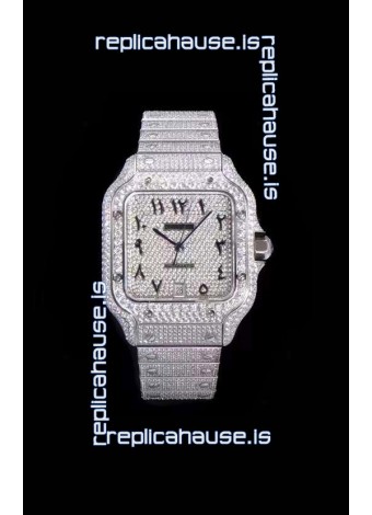 Santos De Cartier Swiss Replica Watch with Diamonds Embedded Dial in Steel Casing 40MM