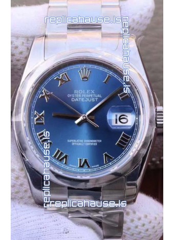 Rolex Datejust 36MM Cal.3135 Movement Swiss Replica Watch in 904L Steel Casing in Blue Roman Dial