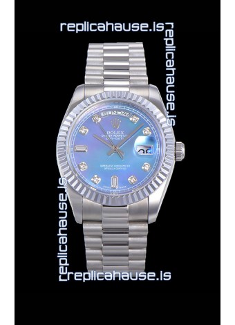 Rolex Day Date Watch in Blue Dial with Diamonds Hour Numerals ETA Movement - 904L Steel 