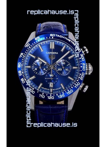 Tag Heuer Carrera Swiss Quartz Movement Replica Watch in Blue Dial - Blue Leather Strap