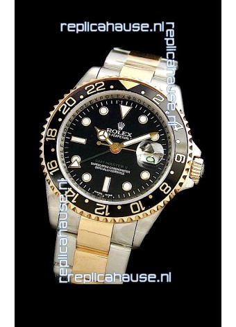 Rolex GMT Master II Swiss Replica Two Tone Gold Watch in Black Dial
