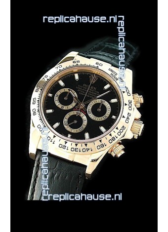 Rolex Daytona Cosmograph Swiss Replica Gold Watch in Black Leather Strap