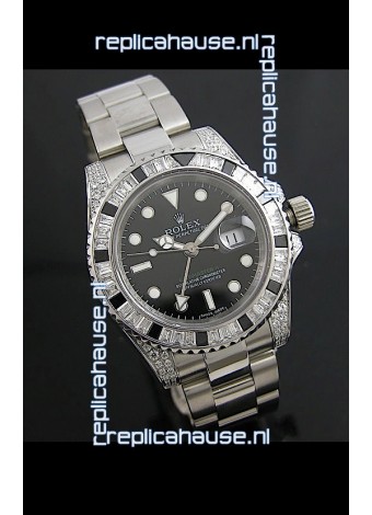 Rolex GMT Master II Swiss Replica Steel Watch in Diamond Bezel 