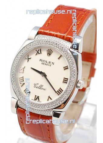 Rolex Cellini Cestello Ladies Swiss Watch Roman White Face Diamonds Bezel and Lugs