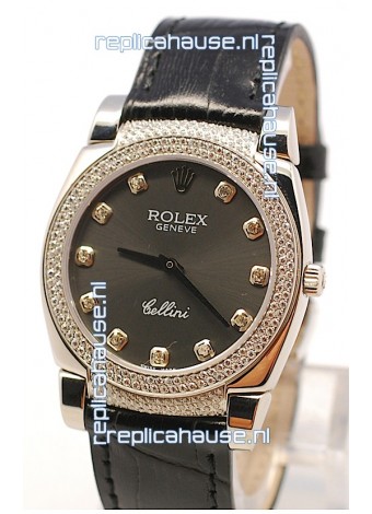Rolex Cellini Cestello Ladies Swiss Watch in Matte Black Face and Diamond Bezel