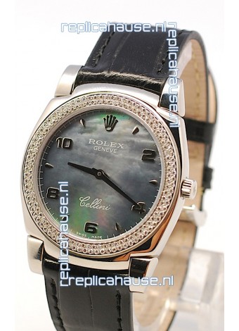 Rolex Cellini Cestello Ladies Swiss Watch in Black Pearl Face Diamonds Bezel 