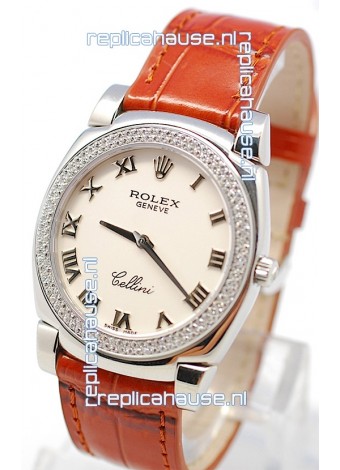 Rolex Cellini Cestello Ladies Swiss Watch White Roman Face Diamonds Bezel
