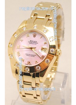 Rolex Datejust Pearlmaster Swiss Replica Gold Watch in Pink Pearl Dial -34MM