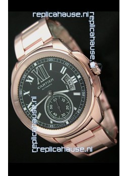 Calibre De Cartier Japanese Automatic Replica Rose Gold Watch in Black Dial
