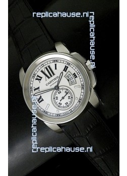 Cartier Calibre de Japanese Replica Steel Watch in Black Leather Strap