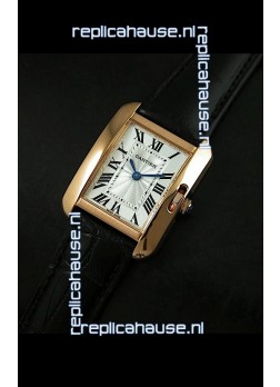 Cartier Louis Japanese Replica Ladies Rose Gold Watch in Black Strap