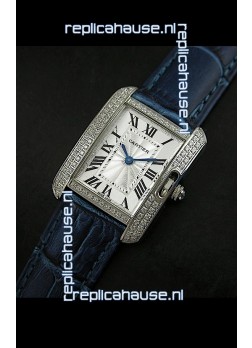 Cartier Louis Japanese Replica Ladies Diamond Watch in Blue Strap