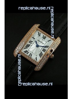 Cartier Louis Japanese Replica Ladies Rose Gold Diamond Watch in Black Strap