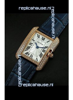 Cartier Louis Japanese Replica Ladies Rose Gold Diamond Watch in Blue Strap