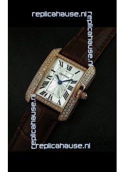 Cartier Louis Japanese Replica Ladies Rose Gold Diamond Watch in Brown Strap
