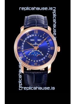 Blancpain "Villeret Quantième Complet" 904L Steel Rose Gold Watch in Blue Dial