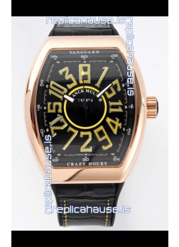 Franck Muller Vanguard Crazy Hours in Rose Gold Plating - Black Dial Swiss Replica Watch 