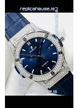 Hublot Classic Fusion Stainless Steel Diamonds Blue Dial Swiss Replica Watch 1:1 Mirror Quality 