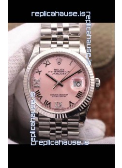 Rolex Datejust 36MM Cal.3135 Movement Swiss Replica Watch in 904L Steel Pink Dial 