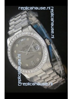 Rolex Day Date Just swiss Replica Grey Watch in Full Diamond Bezel