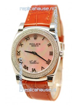 Rolex Cellini Cestello Ladies Swiss Watch Beige Pearl Roman Face Diamonds Bezel
