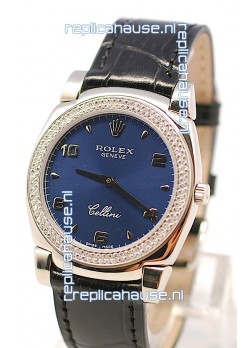 Rolex Cellini Cestello Ladies Swiss Watch in Dark Blue Face Diamonds Bezel 